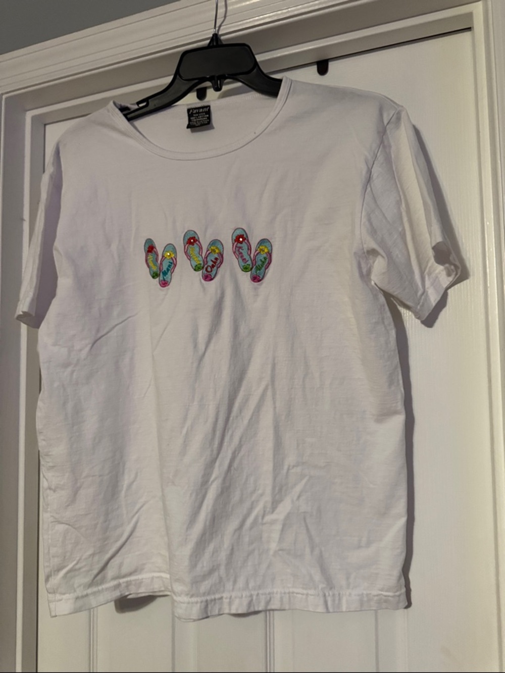 White Short Sleeve Tee with Colorful Flip-Flop Embroidery - Women